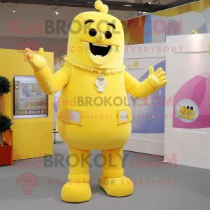 Yellow Ice mascot costume character dressed with a Playsuit and Suspenders