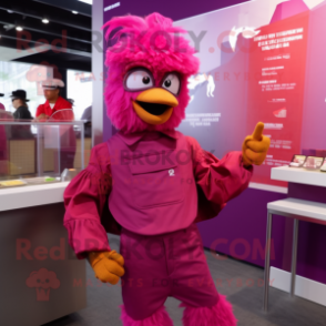 Magenta Fried Chicken mascot costume character dressed with a Flare Jeans and Berets