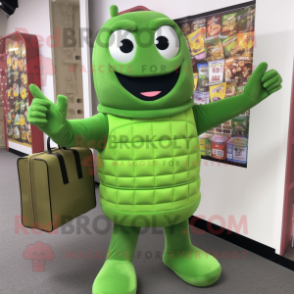 Olive Candy Box mascot costume character dressed with a Turtleneck and Tote bags