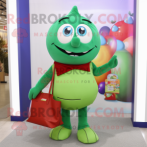 Olive Candy Box mascot costume character dressed with a Turtleneck and Tote bags