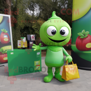 Olive Candy Box mascot costume character dressed with a Turtleneck and Tote bags