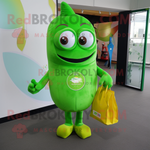 Olive Candy Box mascot costume character dressed with a Turtleneck and Tote bags