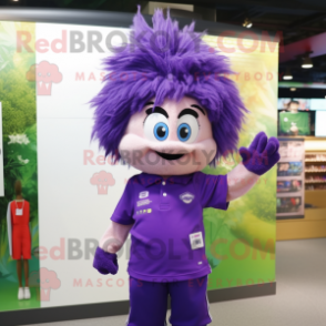 Purple Bracelet mascot costume character dressed with a Polo Shirt and Hair clips