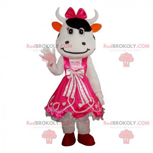 White cow mascot with a dress, pink cow costume - Sizes L (175-180CM)