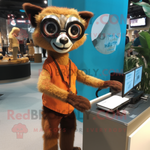 Rust Lemur mascot costume character dressed with a Pencil Skirt and Eyeglasses