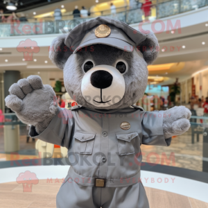 Gray Teddy Bear mascot costume character dressed with a Cargo Shorts and Berets