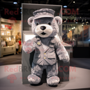 Gray Teddy Bear mascot costume character dressed with a Cargo Shorts and Berets