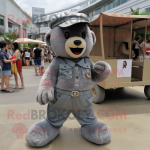 Gray Teddy Bear mascot costume character dressed with a Cargo Shorts and Berets