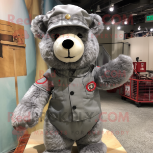 Gray Teddy Bear mascot costume character dressed with a Cargo Shorts and Berets