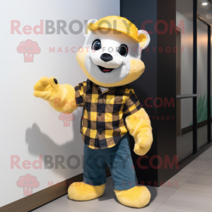 Yellow Ferret mascot costume character dressed with a Flannel Shirt and Beanies