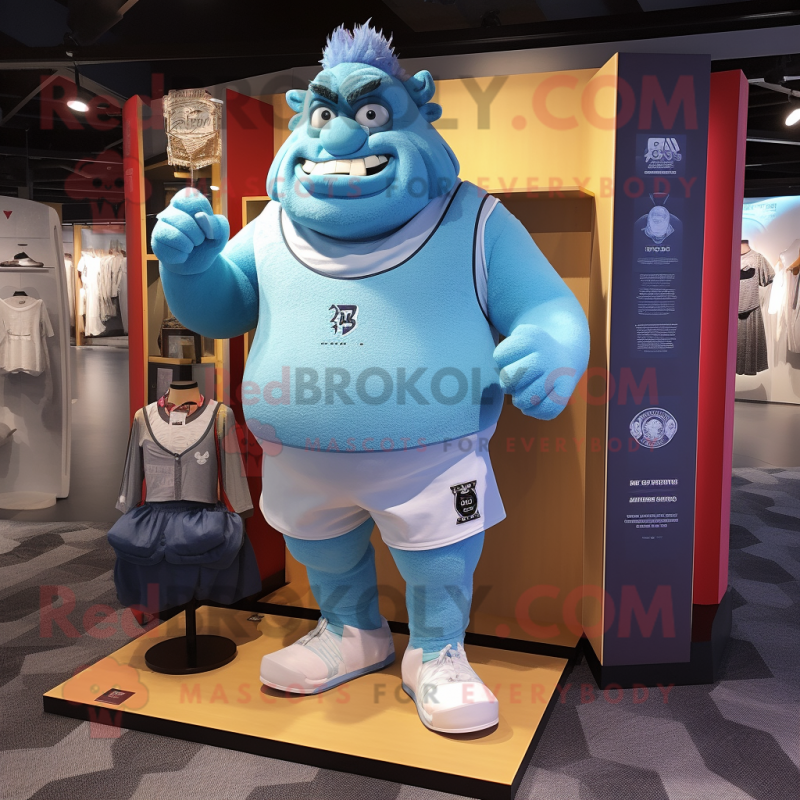 Sky Blue Ogre mascot costume character dressed with a Running Shorts and Coin purses