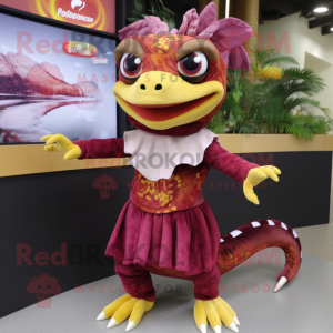 Maroon Geckos mascot costume character dressed with a Wrap Skirt and Hair clips