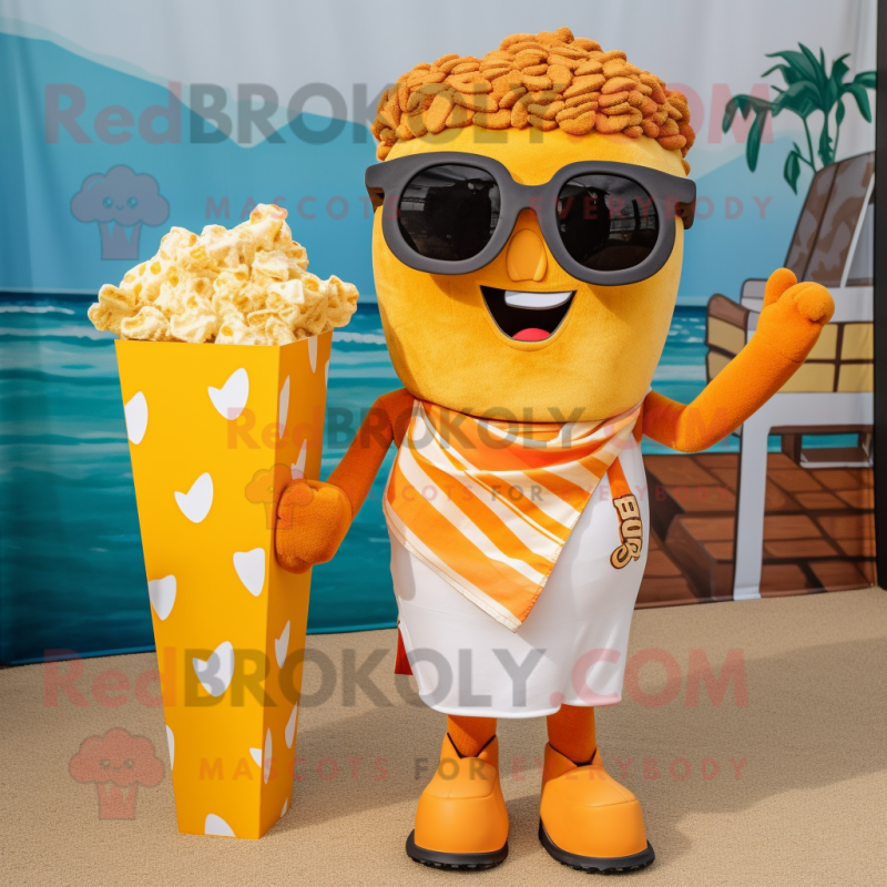 Rust Pop Corn mascot costume character dressed with a Swimwear and Scarves