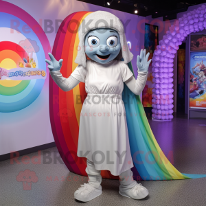 Silver Rainbow mascot costume character dressed with a Maxi Dress and Beanies