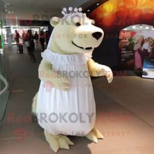 Cream Capybara mascot costume character dressed with a Wedding Dress and Foot pads