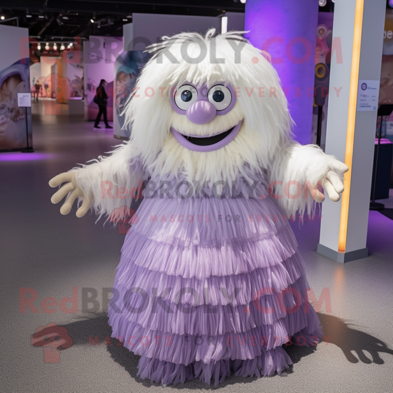 Lavender Yeti mascot costume character dressed with a Pleated Skirt and Hairpins