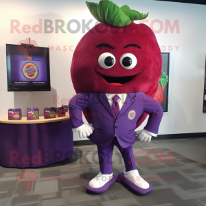 Purple Raspberry mascot costume character dressed with a Blazer and Shoe clips