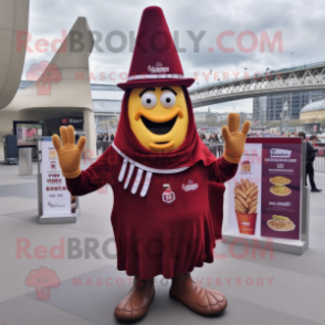 Maroon French Fries mascot costume character dressed with a Oxford Shirt and Shawl pins