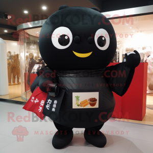 Black Miso Soup mascot costume character dressed with a Turtleneck and Handbags