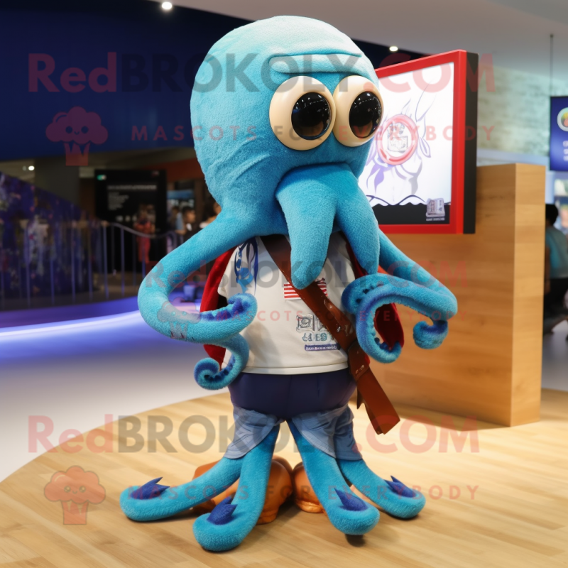 Octopus personaggio del costume della mascotte vestito con pantaloncini da surf e spille da bavero Costumi da mascotte Redbrokoly
