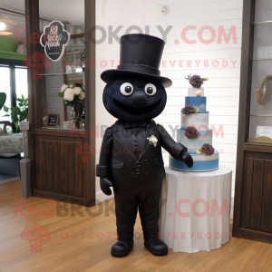 Black Wedding Cake mascot costume character dressed with a Jeggings and Lapel pins