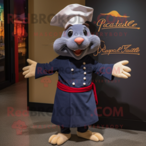 Navy Ratatouille mascot costume character dressed with a Dress Pants and Watches