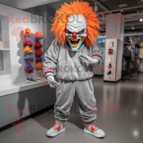 Gray Evil Clown mascot costume character dressed with a Joggers and Shoe laces