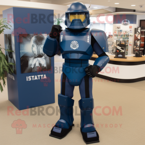 Navy Spartan Soldier mascot costume character dressed with a Suit and Tote bags