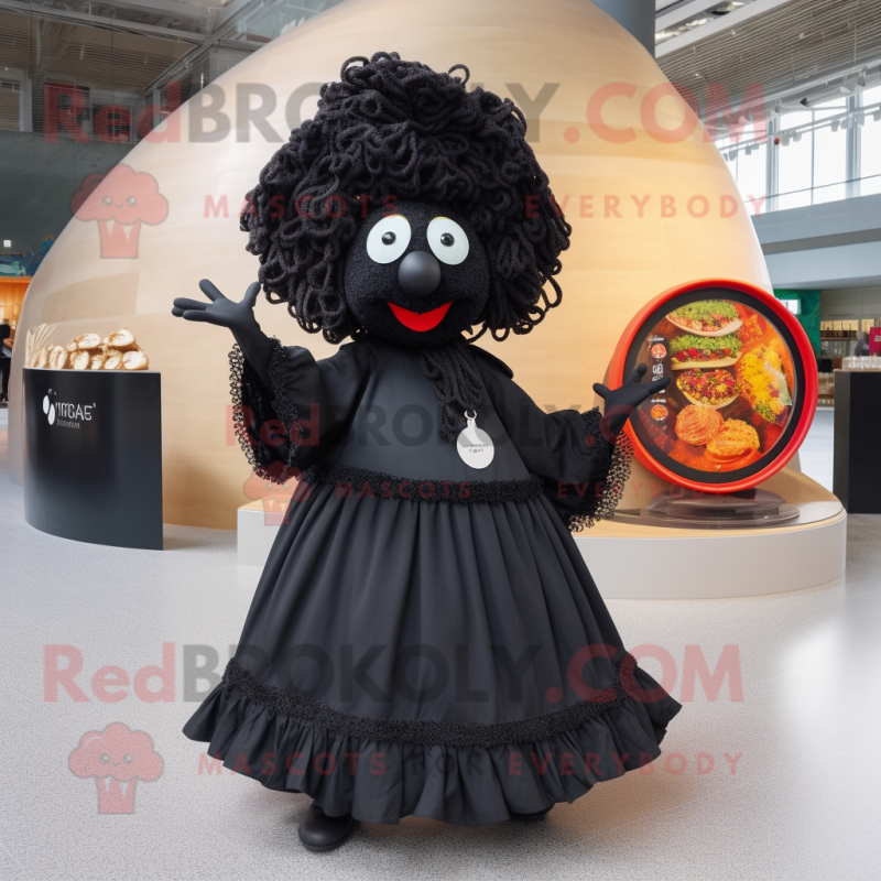 Black Paella mascot costume character dressed with a Circle Skirt and Handbags