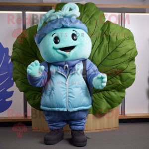 Sky Blue Cabbage Leaf mascot costume character dressed with a Bomber Jacket and Beanies