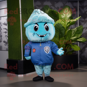 Sky Blue Cabbage Leaf mascot costume character dressed with a Bomber Jacket and Beanies