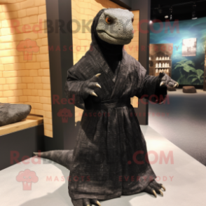 Black Komodo Dragon mascot costume character dressed with a Wrap Dress and Foot pads