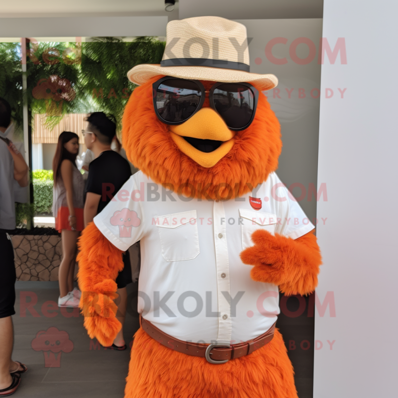 Orange Fried Chicken mascot costume character dressed with a Henley Shirt and Hats