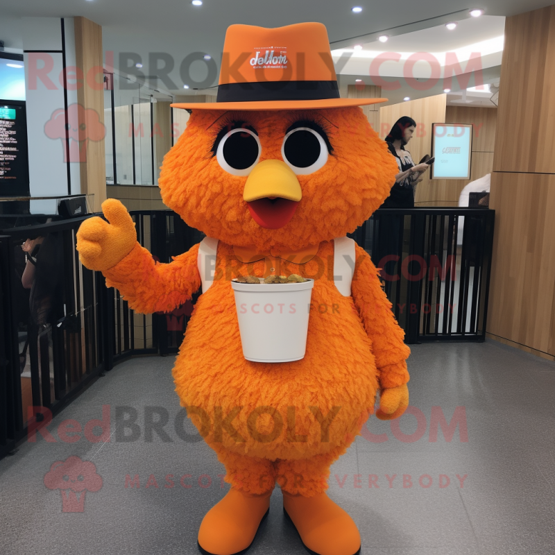 Orange Fried Chicken mascot costume character dressed with a Henley Shirt and Hats