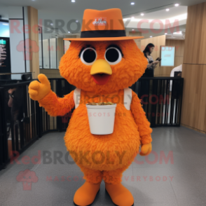 Orange Fried Chicken mascot costume character dressed with a Henley Shirt and Hats