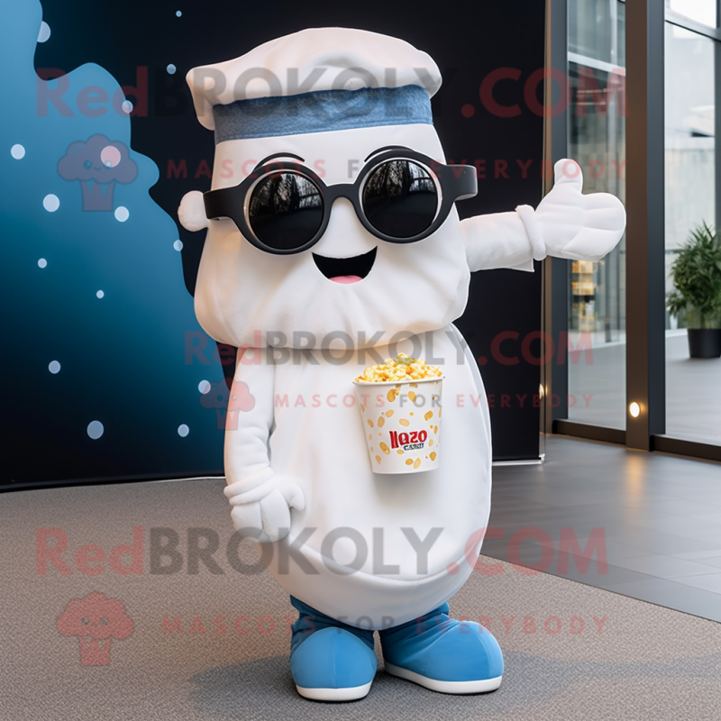 White Pop Corn mascot costume character dressed with a Flare Jeans and Headbands
