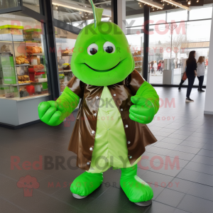 Lime Green Chocolates mascot costume character dressed with a Poplin Shirt and Belts