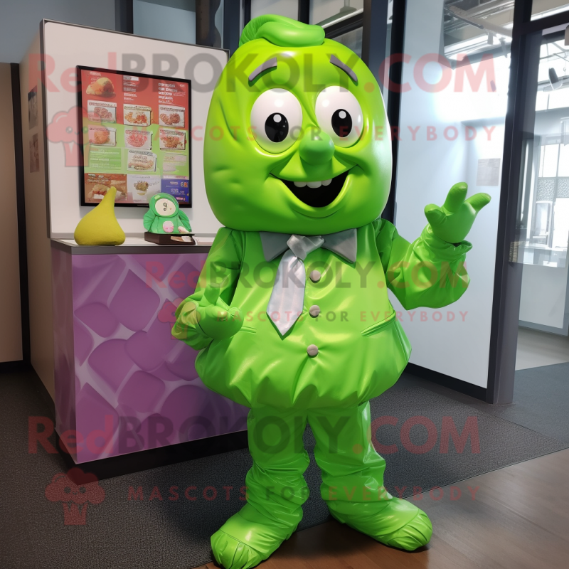 Lime Green Chocolates mascot costume character dressed with a Poplin Shirt and Belts