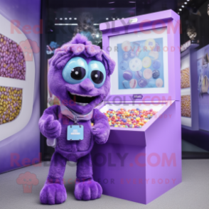 Purple Candy Box mascot costume character dressed with a Jumpsuit and Necklaces