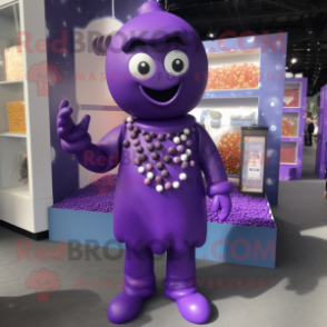 Purple Candy Box mascot costume character dressed with a Jumpsuit and Necklaces