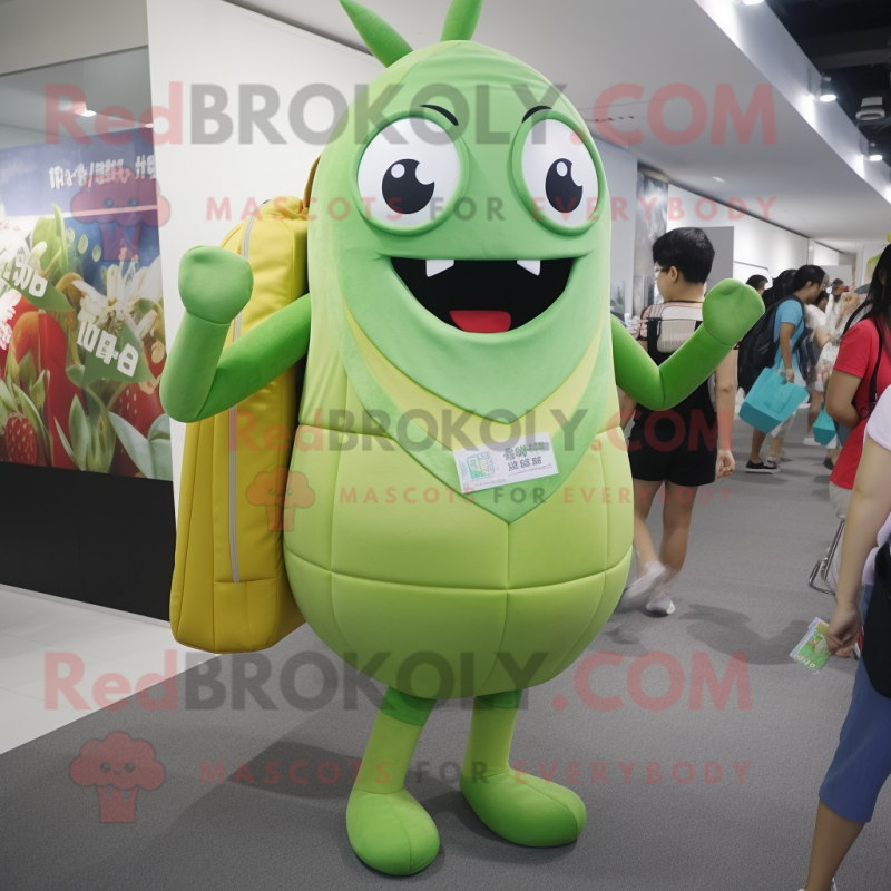 Olive Candy Box mascot costume character dressed with a One-Piece Swimsuit and Backpacks