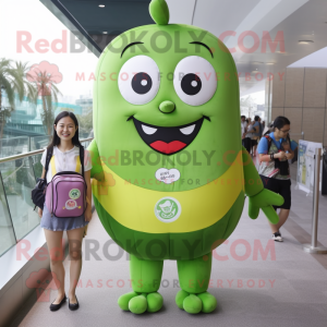 Olive Candy Box mascot costume character dressed with a One-Piece Swimsuit and Backpacks