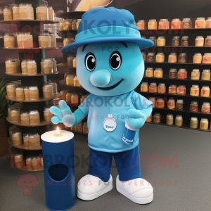 Cyan Scented Candle mascot costume character dressed with a Polo Shirt and Caps