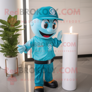 Cyan Scented Candle mascot costume character dressed with a Polo Shirt and Caps