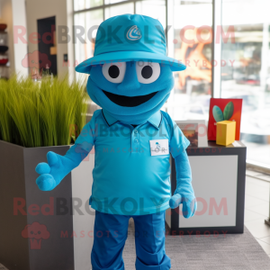 Cyan Scented Candle mascot costume character dressed with a Polo Shirt and Caps