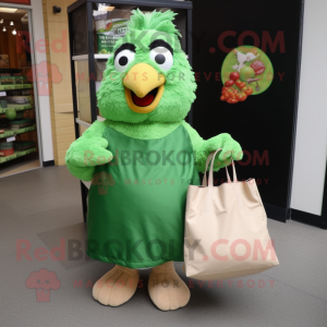 Green Chicken Parmesan mascot costume character dressed with a Wrap Skirt and Tote bags