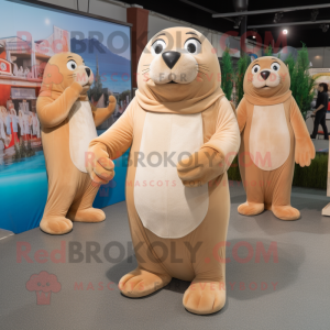 Beige Sea Lion mascot costume character dressed with a V-Neck Tee and Earrings