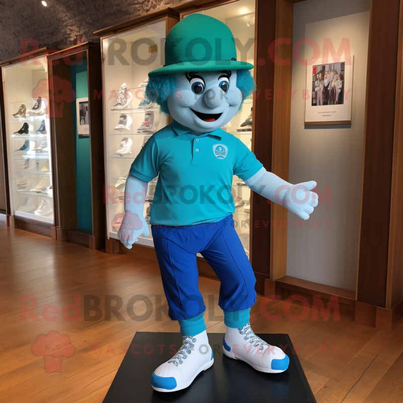 Cyan Irish Dancing Shoes mascot costume character dressed with a Polo Shirt and Caps