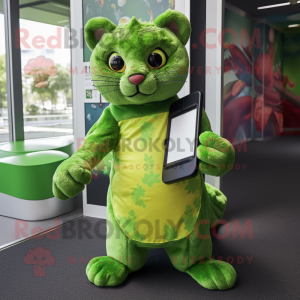 Lime Green Jaguarundi mascot costume character dressed with a Mini Dress and Wallets