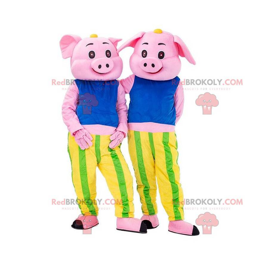 2 pink pig mascots, colorful pig costumes - Farm Sizes L (175-180CM)